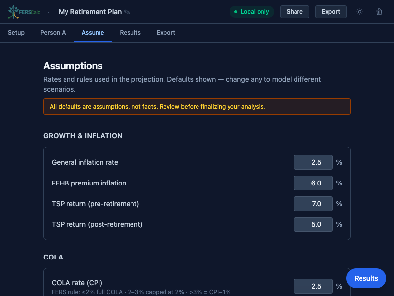 Calculator assumptions screen for investment returns, inflation, and planning parameters