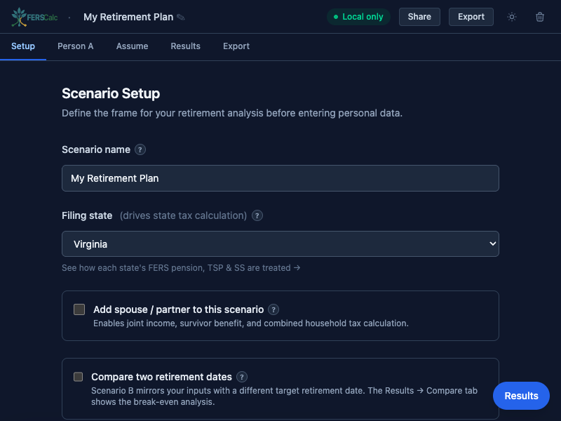 Calculator setup screen for scenario name, filing state, and comparison options